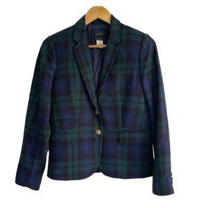 J. Crew Green Blue Plaid Tartan Schoolboy Blazer Size 4 Elbow Patches